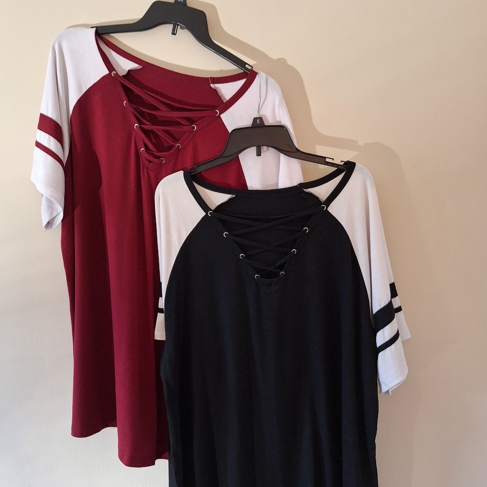 Two Stylish Lace-Up Women Tops - One-Red & White and One-Black & White Size 3X